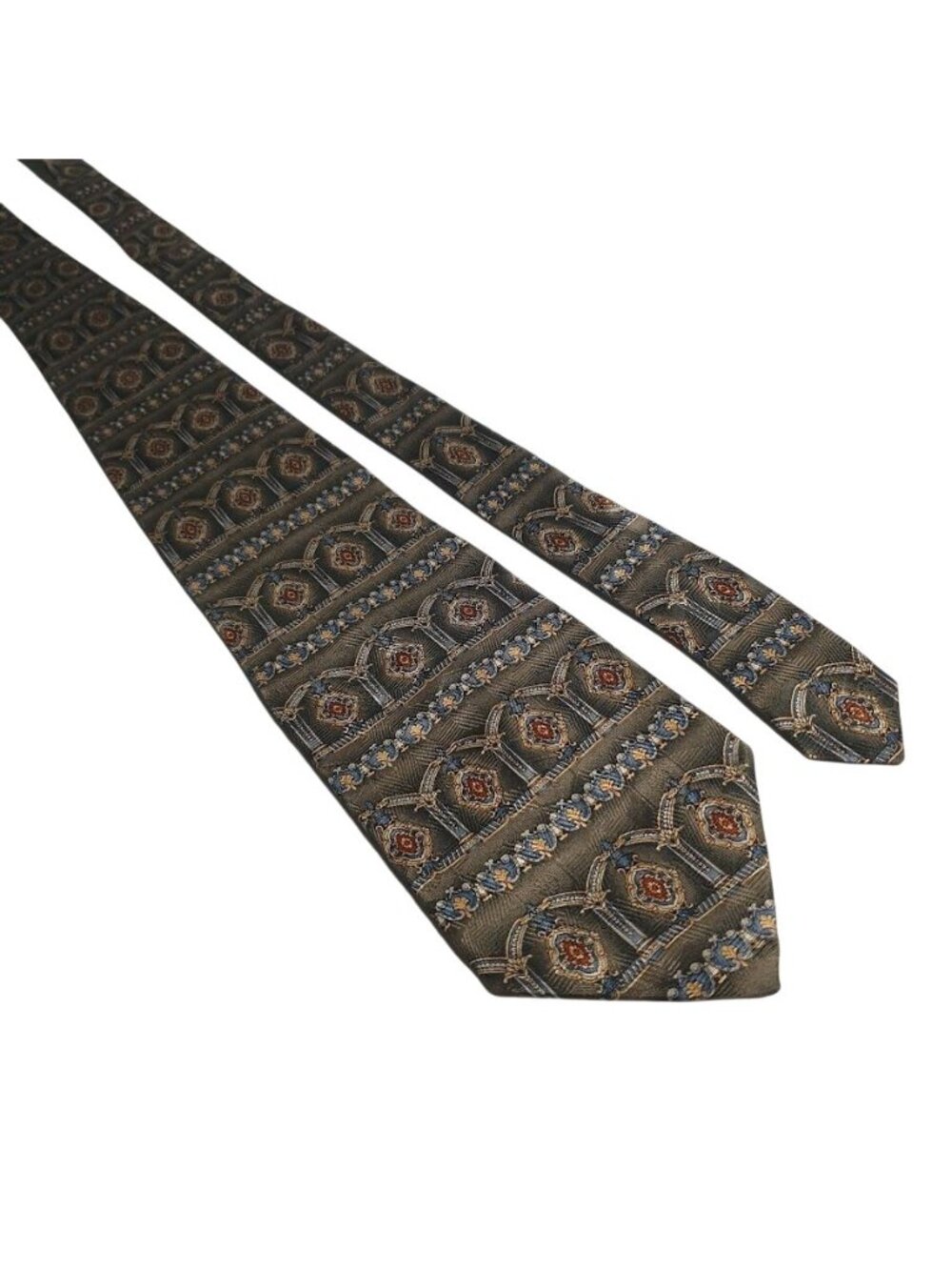 Boulevard Club Men Green Neck Tie Geometric Gold Blue Pattern Silk Office Work